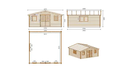 Abri de jardin en bois - 34.8m2 - 5.9x5.9m - Traité - Ep. 45mm - Couleur: marron