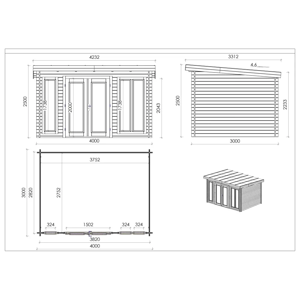 Abri de jardin en bois - 12m2 - 4x3m - Ep. 34mm - Couleur: naturel