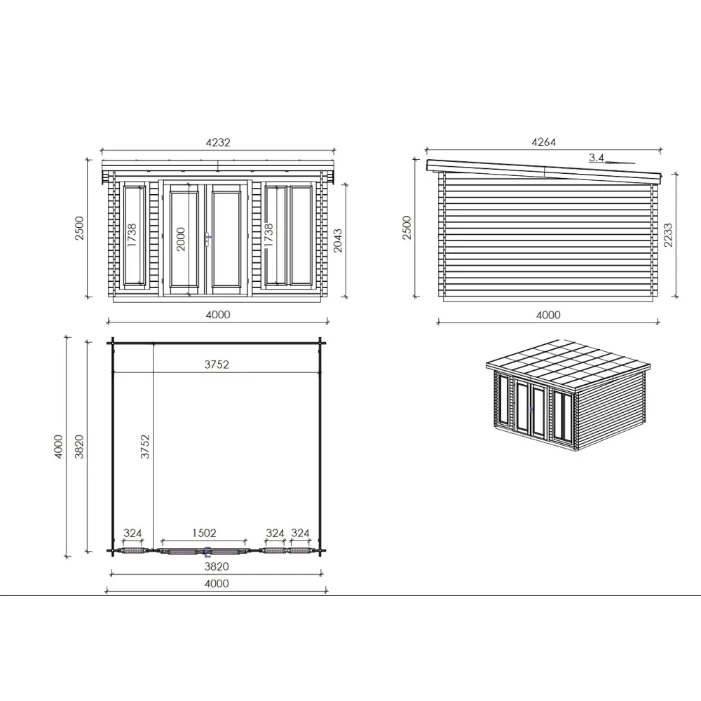 Abri de jardin en bois - 16m2 - 4x4m - Ep. 34mm - Couleur: naturel