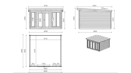 Abri de jardin en bois - 16m2 - 4x4m - Ep. 34mm - Couleur: naturel