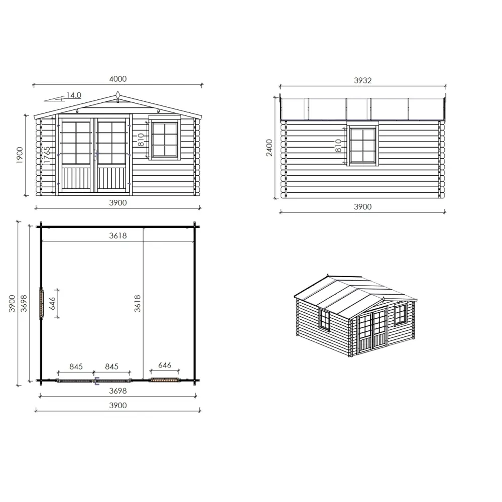 Abri de jardin en bois - 15.21m2 - 3.9x3.9m - Ep. 40mm - Couleur: naturel