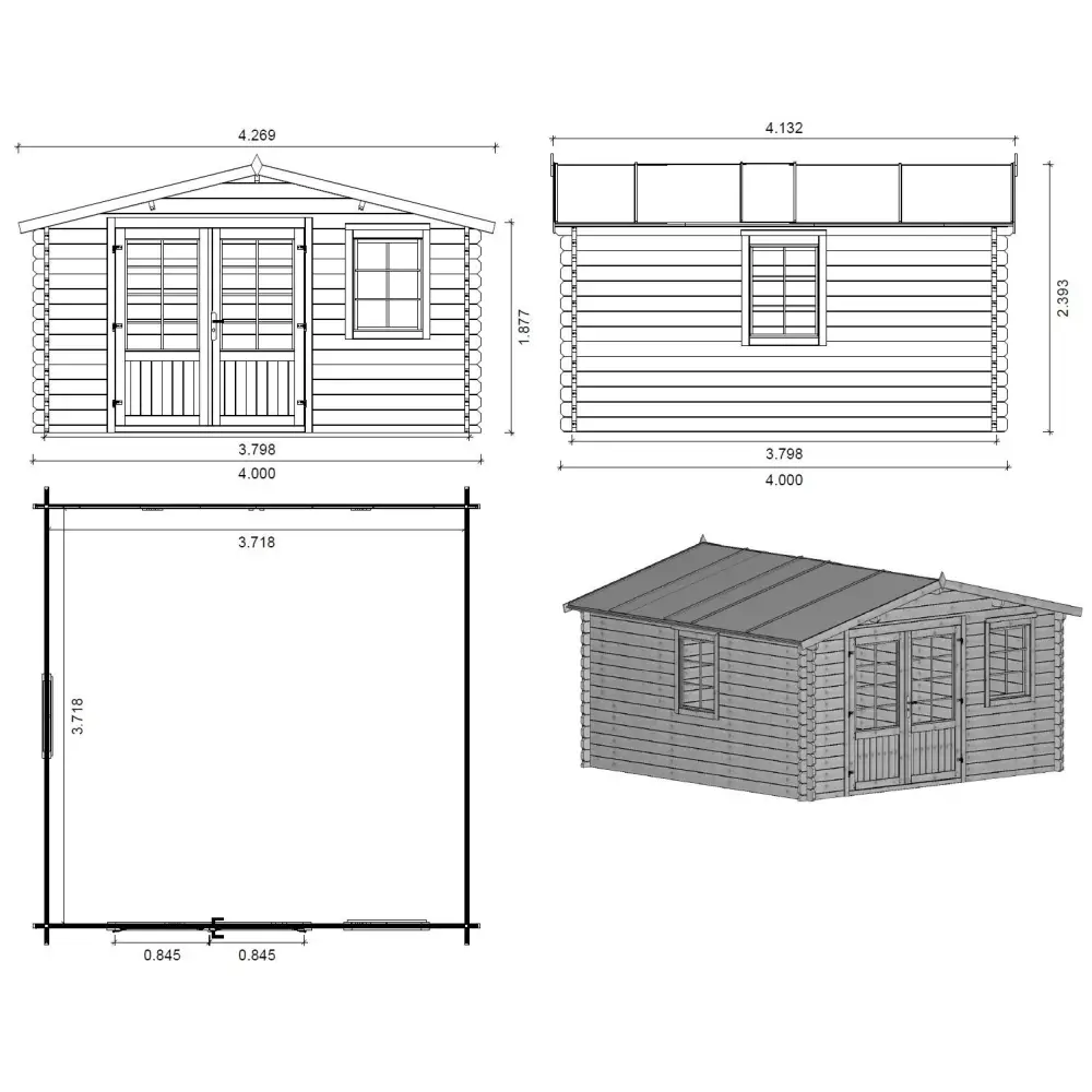Abri de jardin en bois - 4x4 m + terrasse avec balustrade et avant-toit en bois - 24 m2