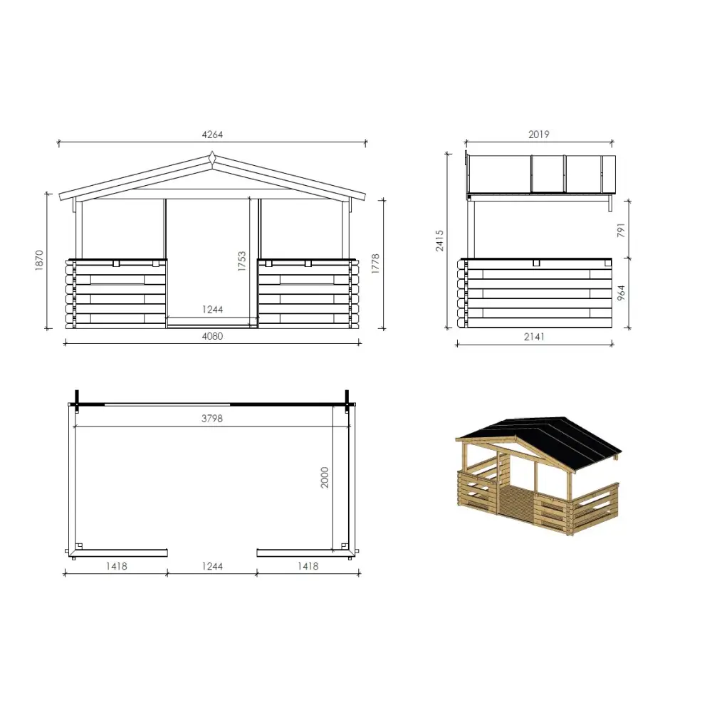 Abri de jardin en bois - 4x4 m + terrasse avec balustrade et avant-toit en bois - 24 m2