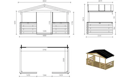 Abri de jardin en bois - 4x4 m + terrasse avec balustrade et avant-toit en bois - 24 m2