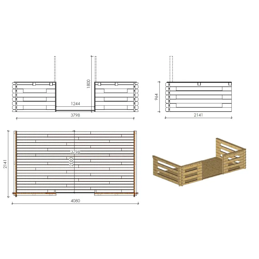 Abri de jardin en bois - 4x4 m + terrasse avec balustrade et avant-toit en bois - 24 m2
