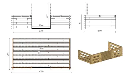 Abri de jardin en bois - 4x4 m + terrasse avec balustrade et avant-toit en bois - 24 m2