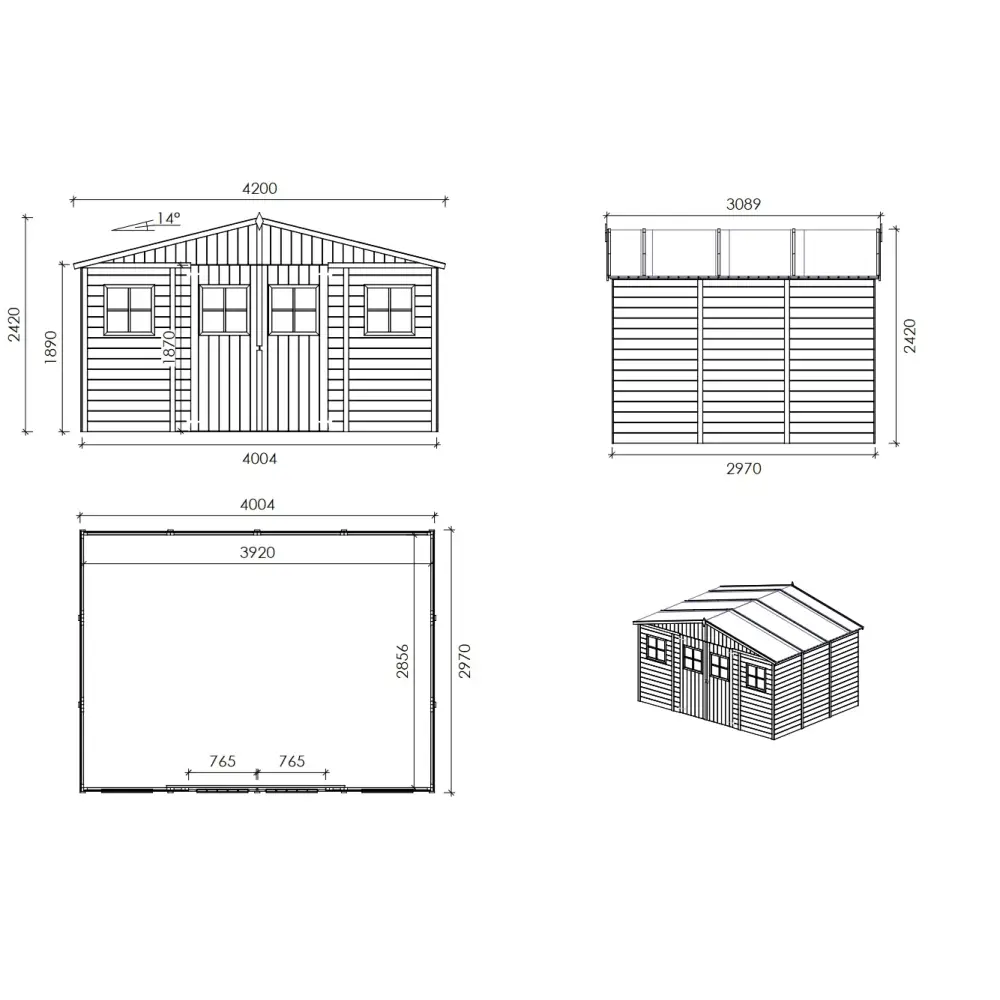 Abri de jardin en bois 11.88 m2 - 4x2.97 m - Couleur: naturel