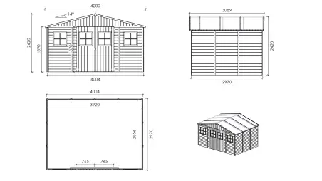 Abri de jardin en bois 11.88 m2 - 4x2.97 m - Couleur: naturel
