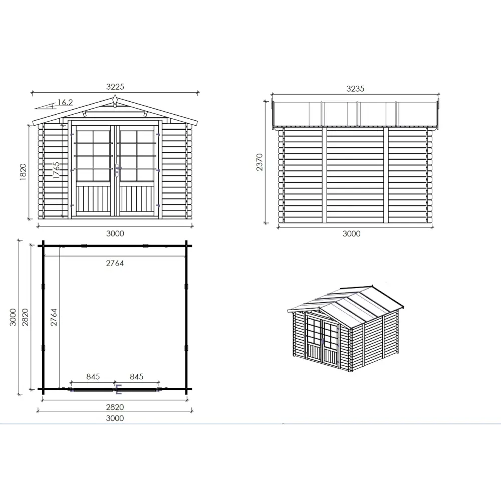 Abri de jardin en bois - 9m2 - 3x3m - Ep. 28mm - Couleur: naturel