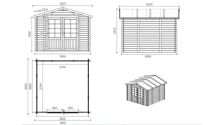 Abri de jardin en bois - 9m2 - 3x3m - Ep. 28mm - Couleur: naturel
