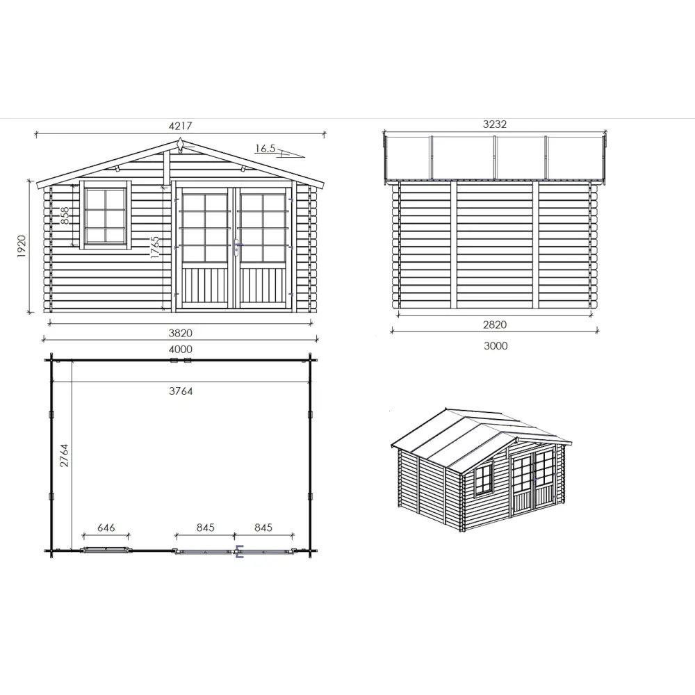 Abri de jardin en bois - 12m2 - 4x3m - Ep. 28mm - Couleur: naturel