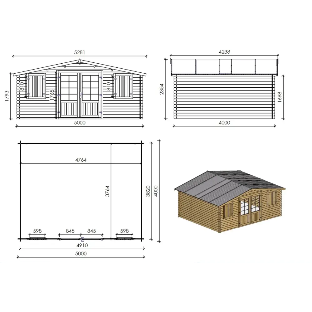 Abri de jardin en bois - 20m2 - 5x4m - Traité - Ep. 28mm - Couleur: marron