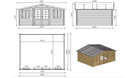 Abri de jardin en bois - 20m2 - 5x4m - Traité - Ep. 28mm - Couleur: marron