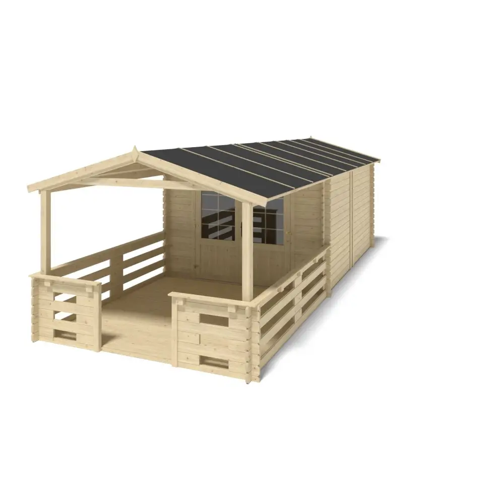 Abri de jardin en bois - 3x4 m + terrasse avec balustrade et avant-toit en bois - 21 m2