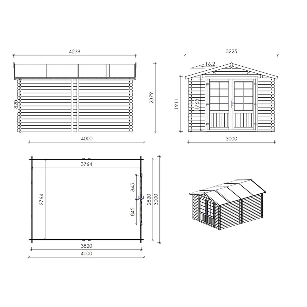 Abri de jardin en bois - 3x4 m + terrasse avec balustrade et avant-toit en bois - 21 m2