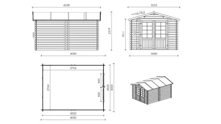 Abri de jardin en bois - 3x4 m + terrasse avec balustrade et avant-toit en bois - 21 m2