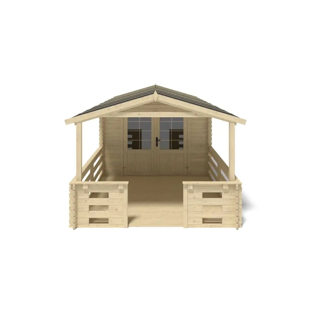 Abri de jardin en bois - 3x4 m + terrasse avec balustrade et avant-toit en bois - 21 m2