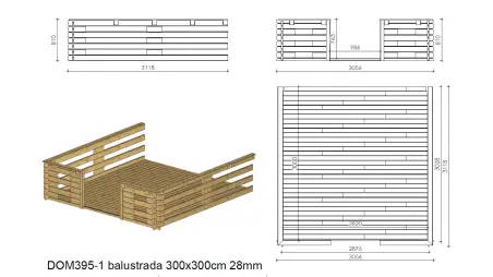 Abri de jardin en bois - 3x4 m + terrasse avec balustrade et avant-toit en bois - 21 m2