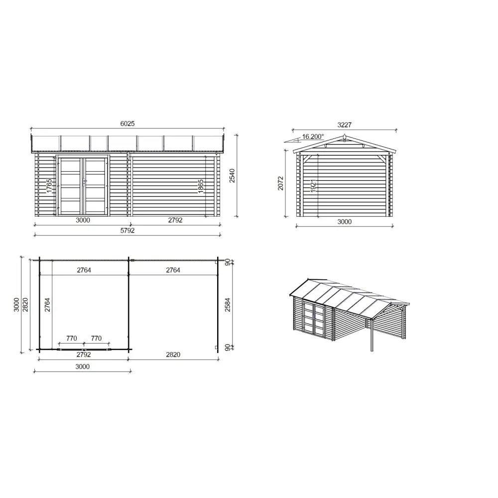 Abri de jardin en bois - 17.4m2 - 5.79x3m - Traité - Ep. 28mm - Couleur: vert