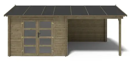 Abri de jardin en bois - 17.4m2 - 5.79x3m - Traité - Ep. 28mm - Couleur: vert