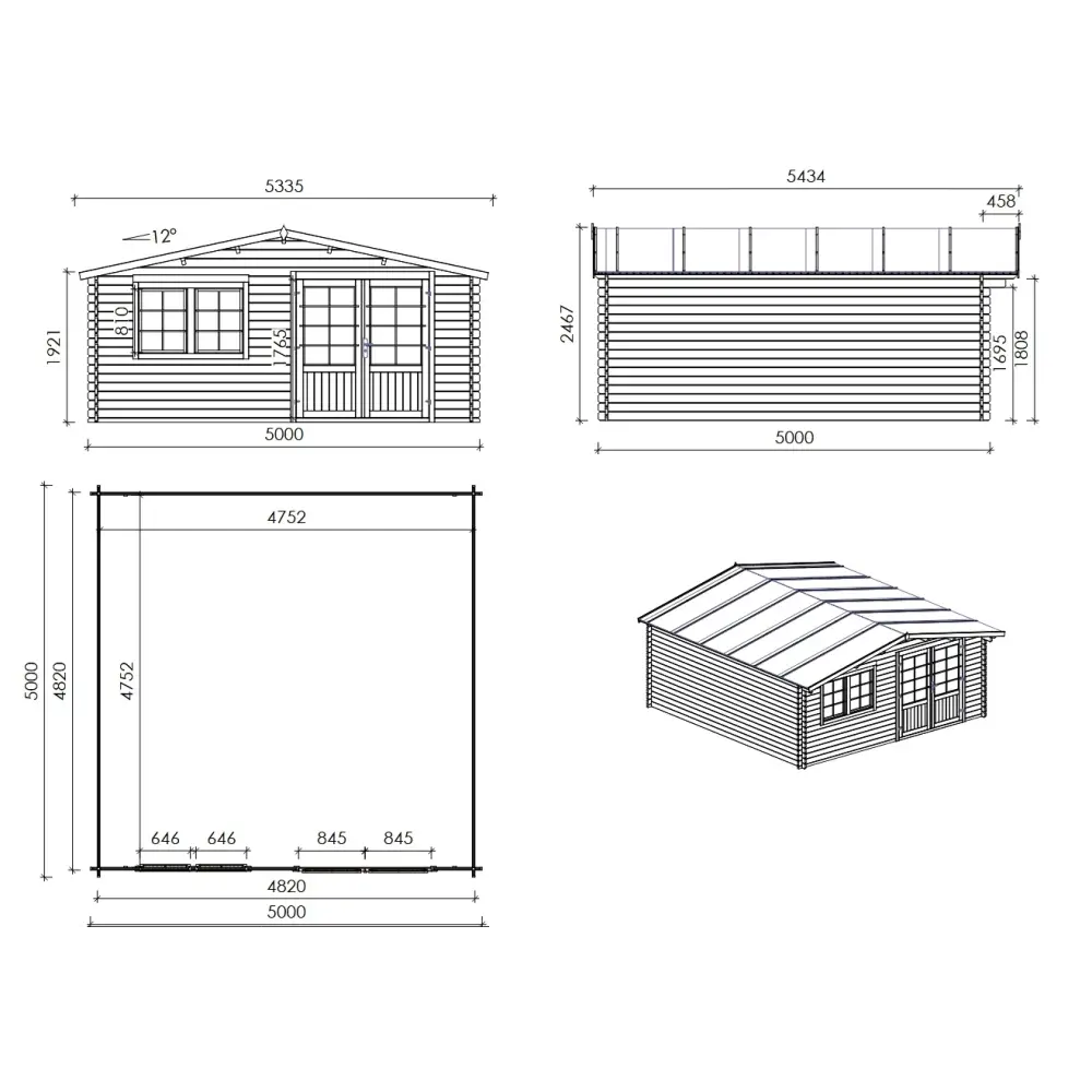 Abri de jardin en bois - 25m2 - 5x5m - Ep. 34mm - Couleur: naturel