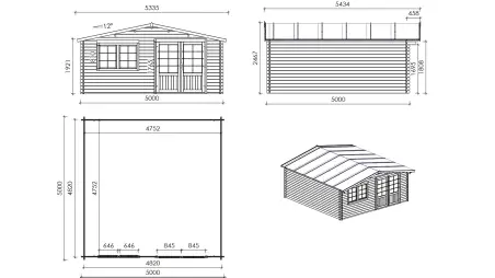 Abri de jardin en bois - 25m2 - 5x5m - Ep. 34mm - Couleur: naturel