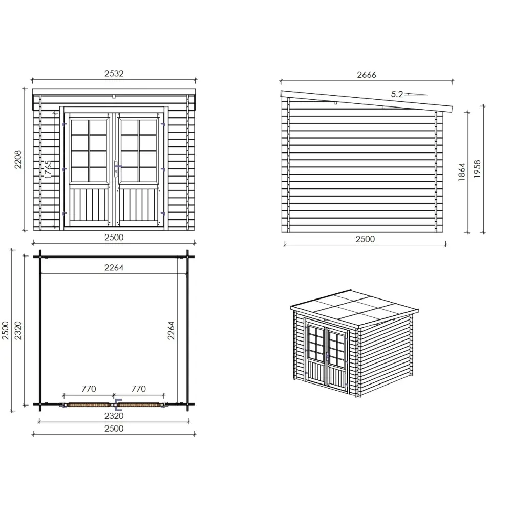 Abri de jardin en bois - 6.25m2 - 2.5x2.5m - Traité - Ep. 28mm - Couleur: vert
