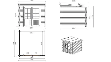 Abri de jardin en bois - 6.25m2 - 2.5x2.5m - Traité - Ep. 28mm - Couleur: vert