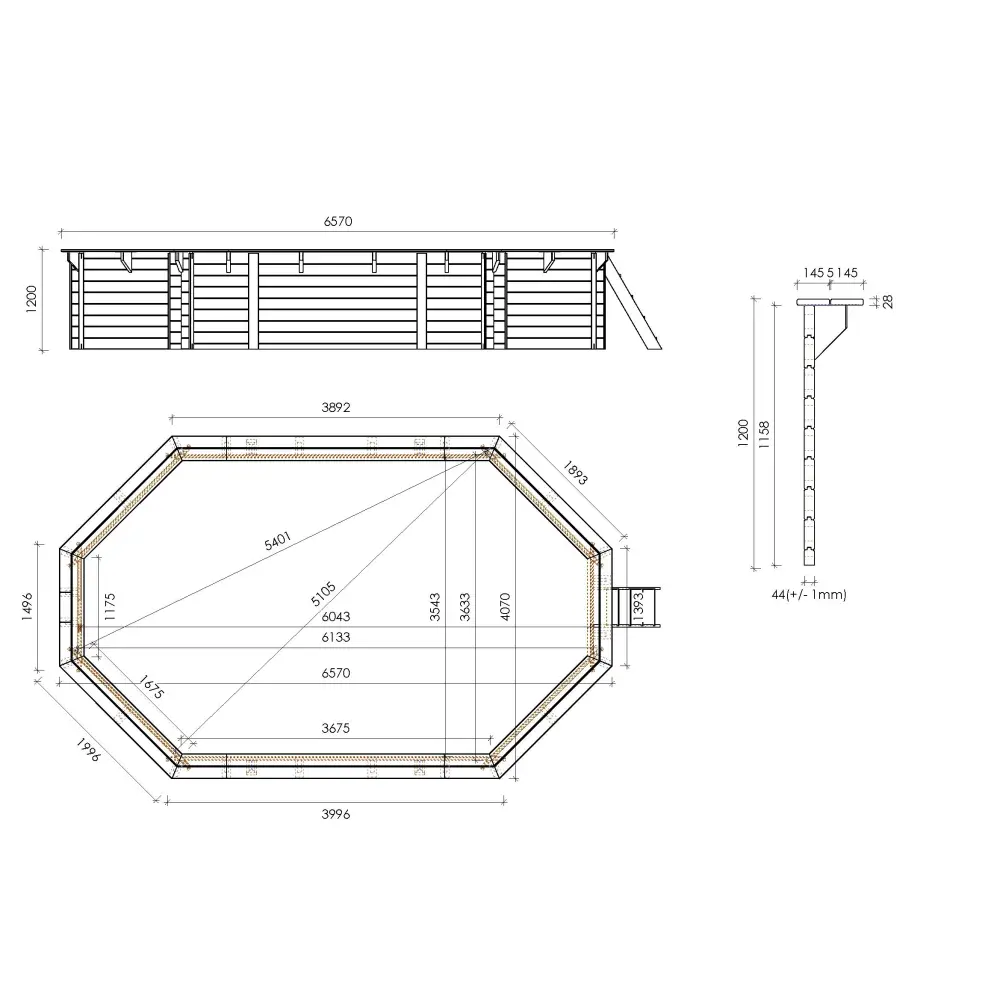 Piscine en bois 6.57x4.07 - H.1.2 m fixations à visser