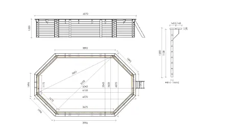 Piscine en bois 6.57x4.07 - H.1.2 m fixations à visser