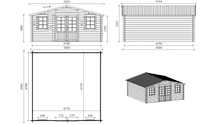 Abri de jardin en bois - 25m2 - 5x5m - Traité - Ep. 40mm - Couleur: vert