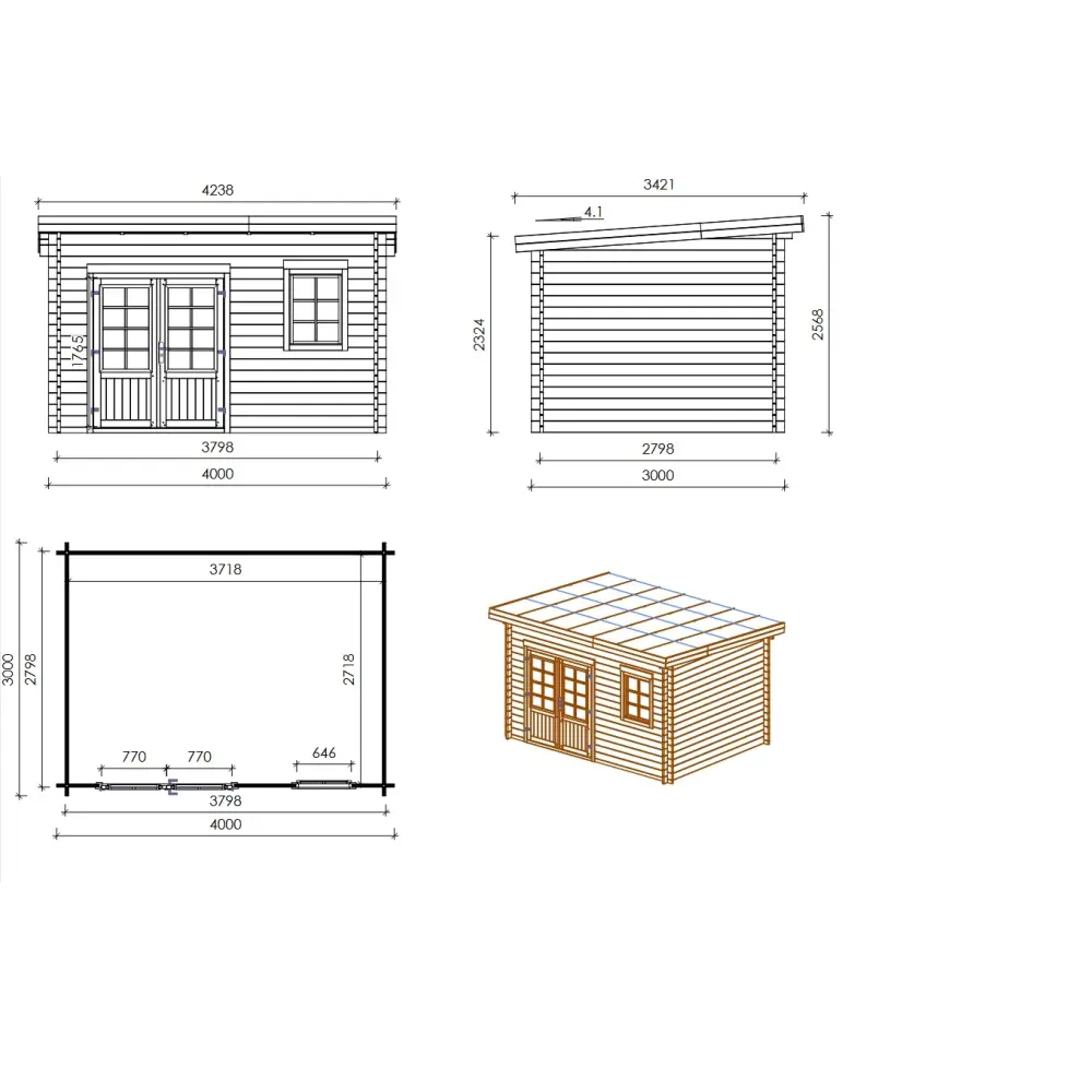 Abri de jardin en bois - 12m2 - 4x3m - Traité - Ep. 40mm - Couleur: vert