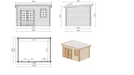Abri de jardin en bois - 12m2 - 4x3m - Traité - Ep. 40mm - Couleur: vert