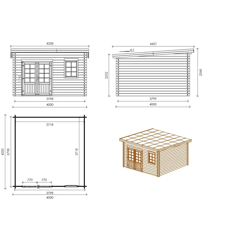 Abri de jardin en bois - 16m2 - 4x4m - Traité - Ep. 40mm - Couleur: vert