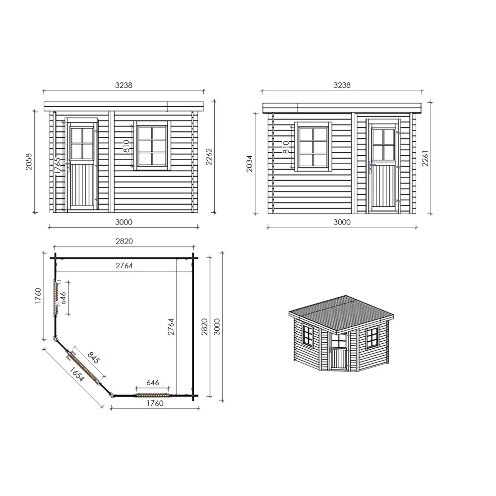 Abri de jardin en bois - 8m2 - 3x3m - Traité - Ep. 28mm - Couleur: marron