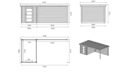 Abri de jardin en bois - 6m2 - 5.84x3m - Traité - Ep. 28mm - Couleur: gris