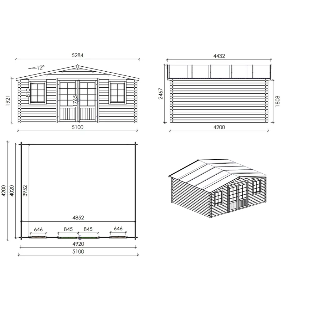 Abri de jardin en bois - 21.42m2 - 5.1x4.2m - Ep. 34mm - Couleur: naturel