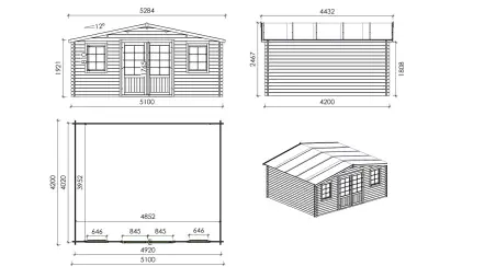 Abri de jardin en bois - 21.42m2 - 5.1x4.2m - Ep. 34mm - Couleur: naturel