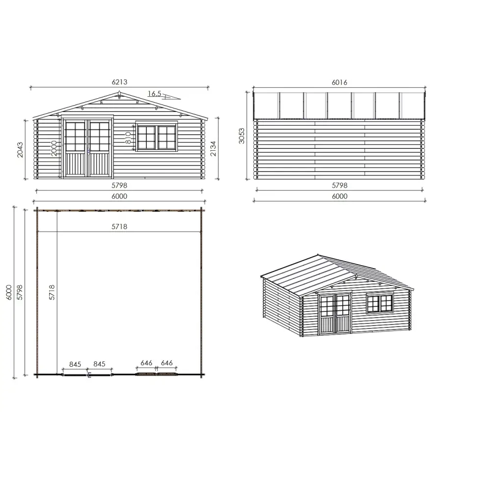 Abri de jardin en bois - 36m2 - 6x6m - Ep. 40mm - Couleur: naturel