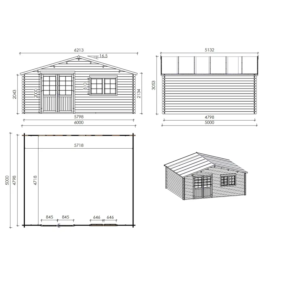 Abri de jardin en bois - 30m2 - 6x5m - Ep. 40mm - Couleur: naturel