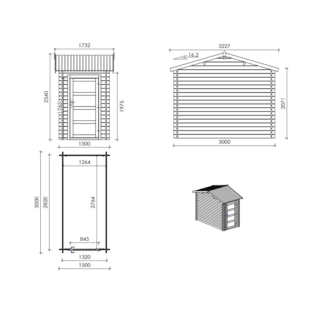 Abri de jardin en bois - 1.5x3 m avec extension de 1.5x2.76 m - 15.56 m² - Traité