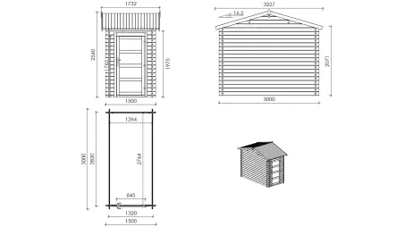 Abri de jardin en bois - 1.5x3 m avec extension de 1.5x2.76 m - 15.56 m² - Traité
