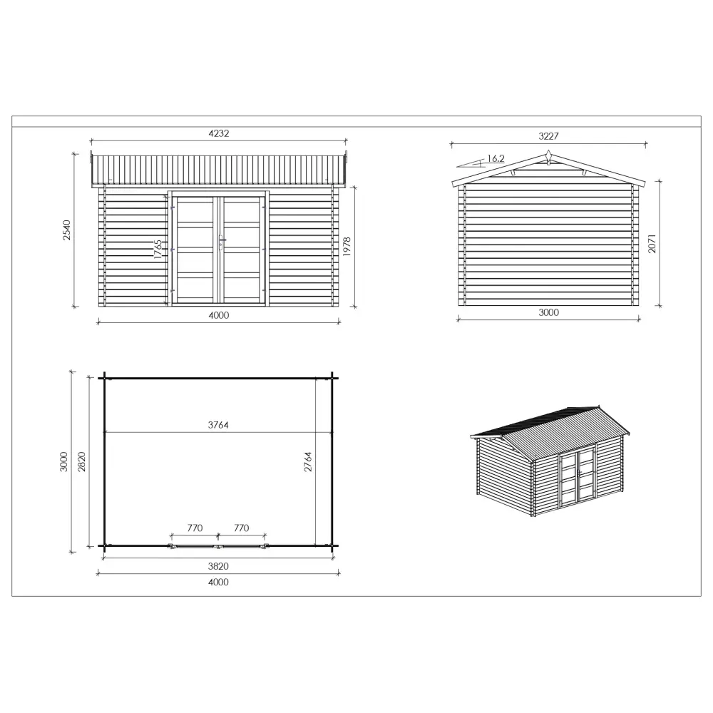 Abri de jardin en bois - 4x3 m avec extension de 4x2.76 m - 23.06 m² - Traité