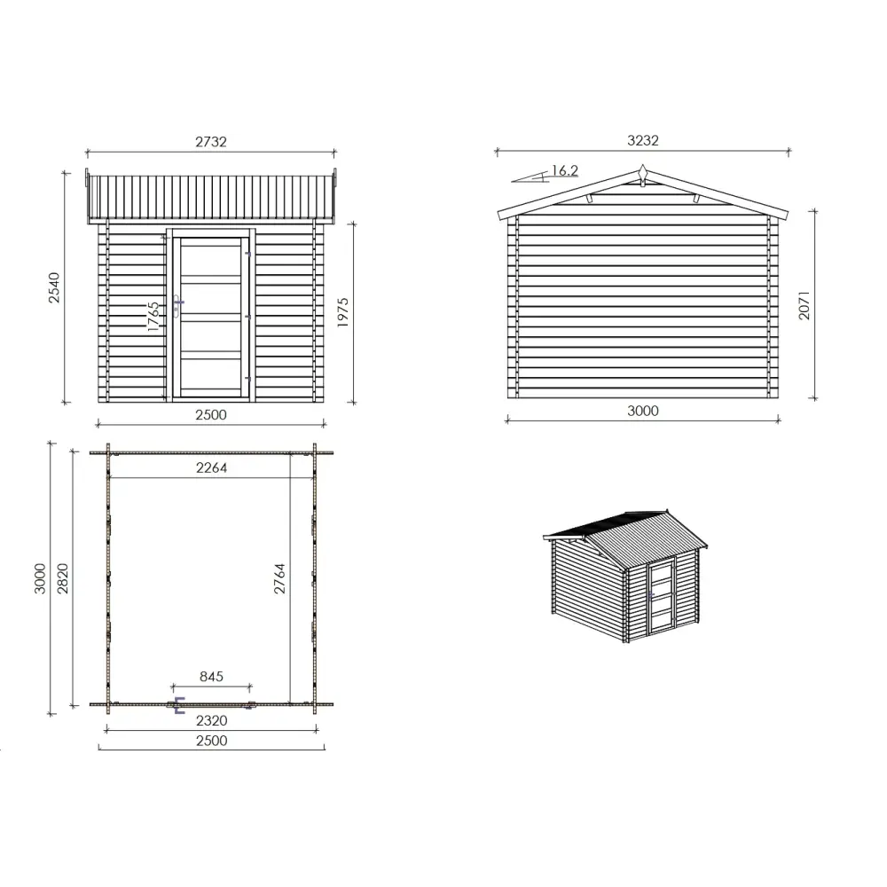 Abri de jardin en bois - 2.5x3 m avec extension de 2.5x2.76 m - 18.56 m² - Traité