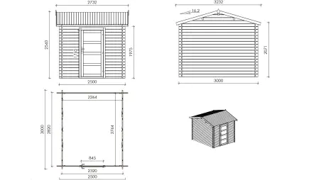 Abri de jardin en bois - 2.5x3 m avec extension de 2.5x2.76 m - 18.56 m² - Traité