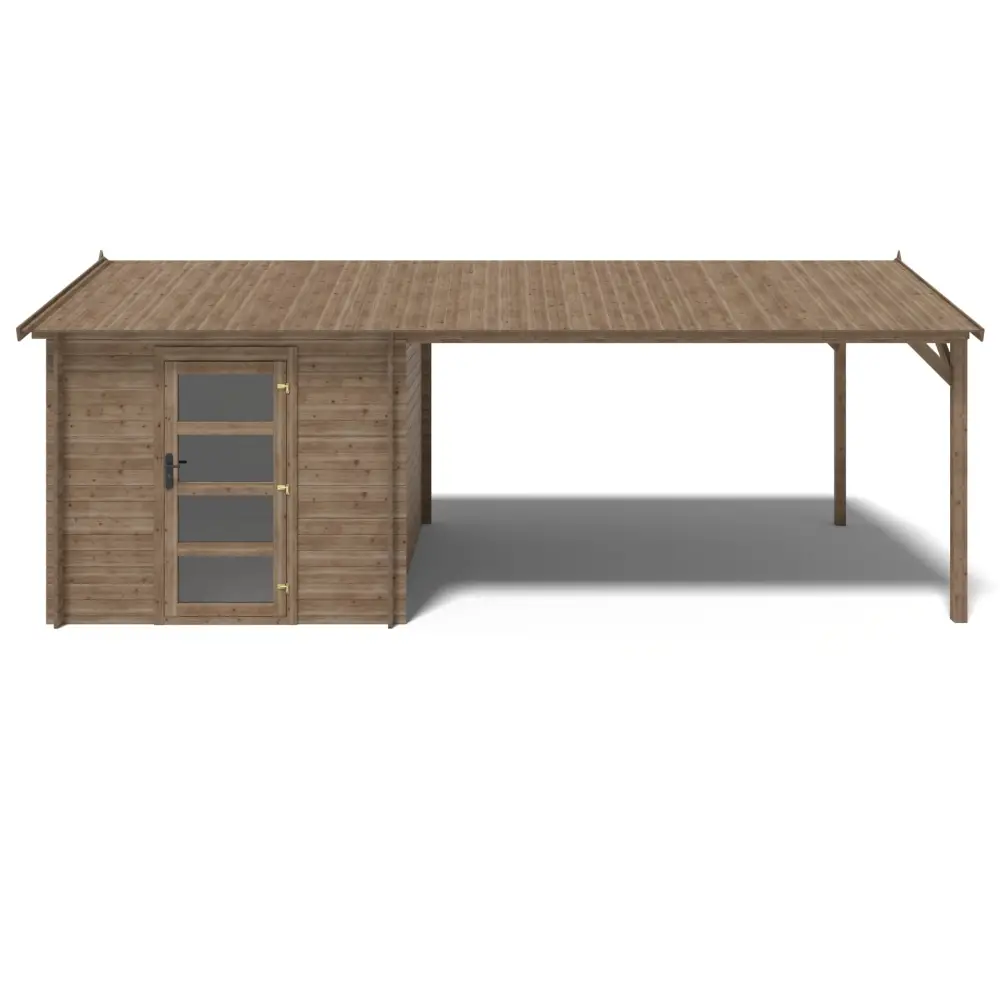 Abri de jardin en bois - 2.5x3 m avec extension de 2.5x2.76 m - 18.56 m² - Traité