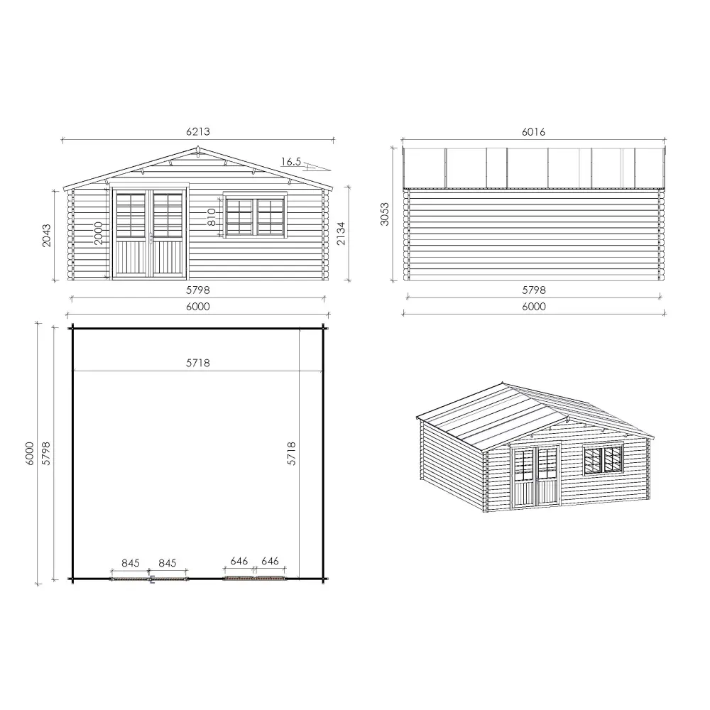 Abri de jardin en bois - 6x6 m + terrasse avec balustrade et avant-toit en bois - 48 m2