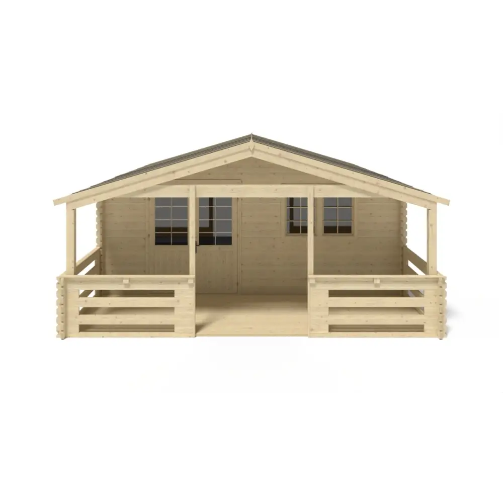 Abri de jardin en bois - 6x6 m + terrasse avec balustrade et avant-toit en bois - 48 m2