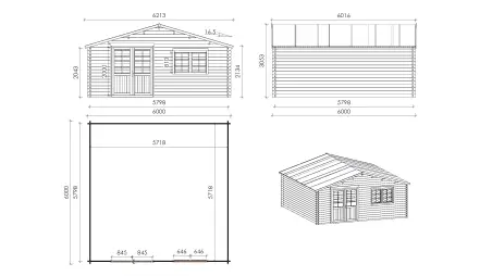 Abri de jardin en bois - 6x6 m + terrasse avec balustrade et avant-toit en bois - 54 m2