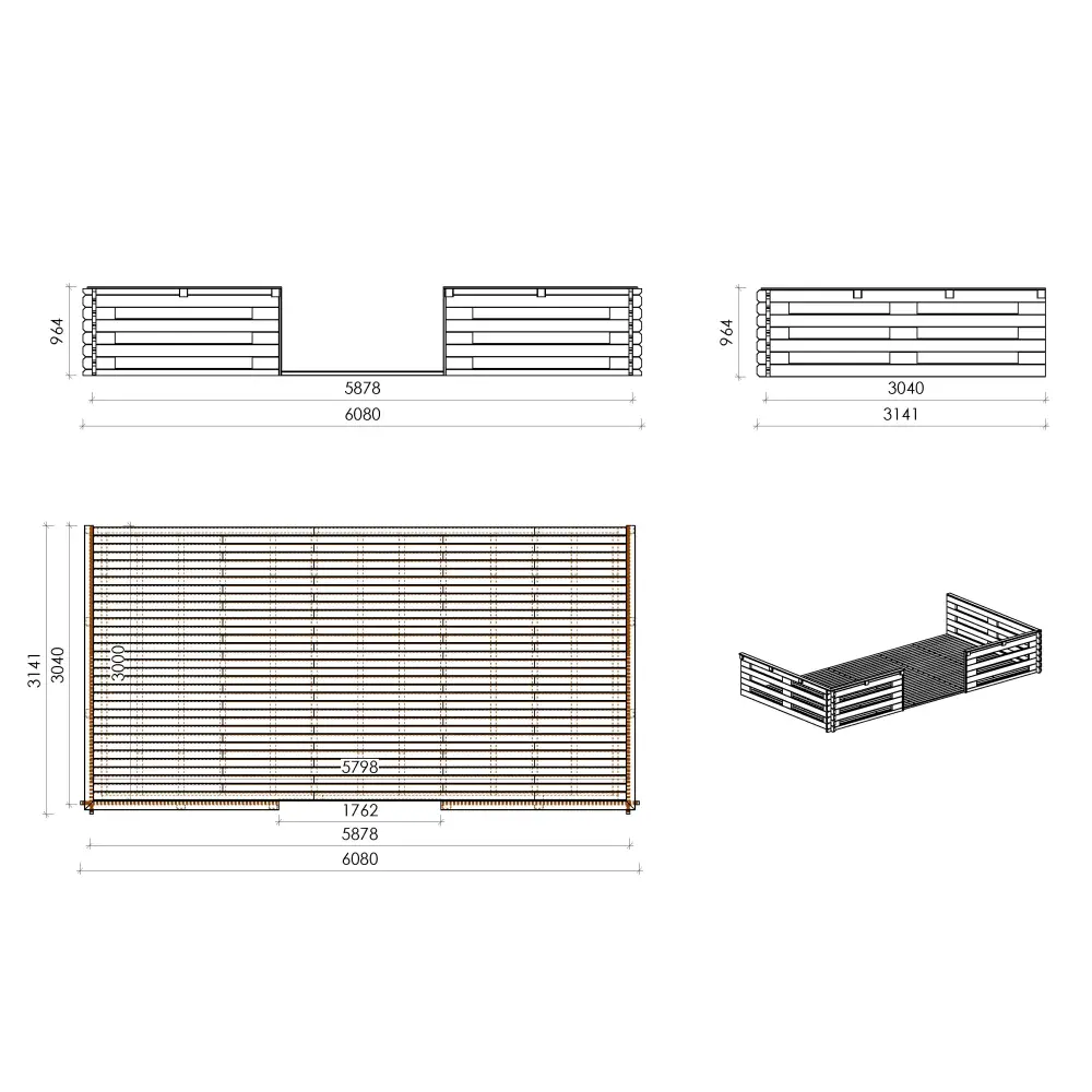 Abri de jardin en bois - 6x6 m + terrasse avec balustrade et avant-toit en bois - 54 m2